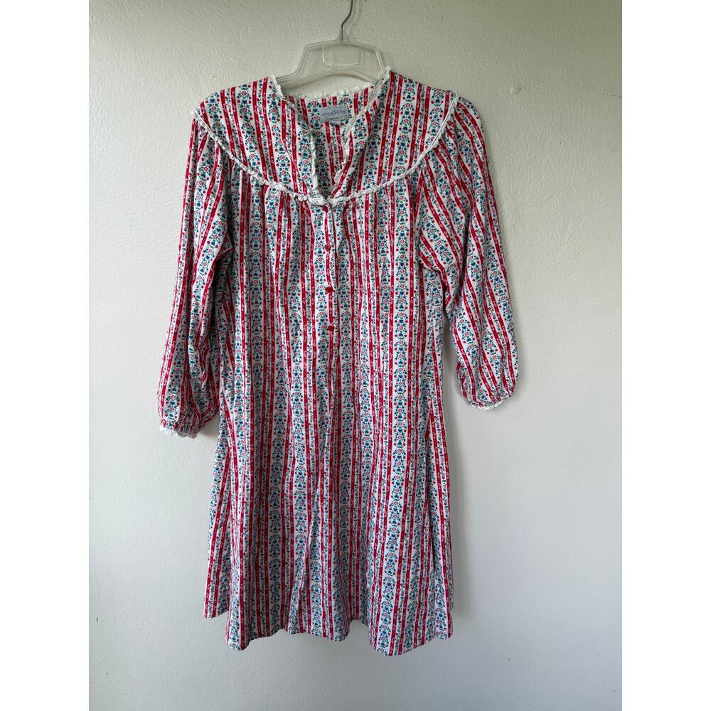 Lanz of Salzburg Flannel Small Red Floral Stripe Prairie Nightgown Ruffle Trim - Picture 2 of 13